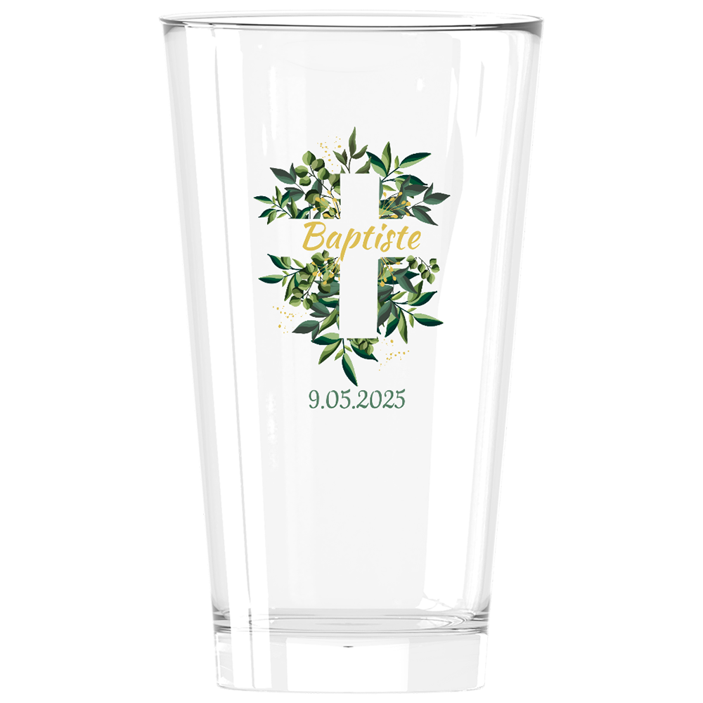 Verre à bière personnalisé Pinte en verre Baptême Croix et Feuilles