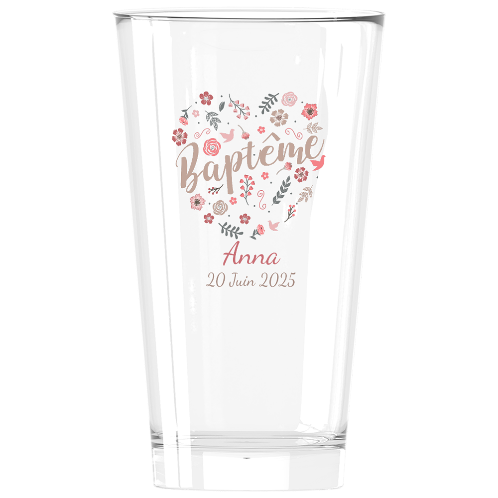 Verre à bière personnalisé Pinte en verre - Baptême Fleuri