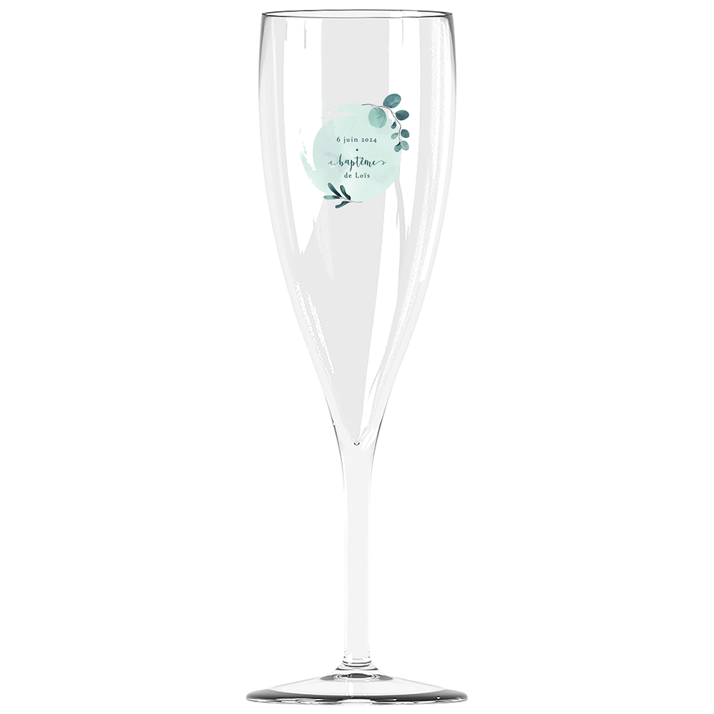 Flûte à champagne personnalisée Effervescence incassable bapteme bleu et feuilles