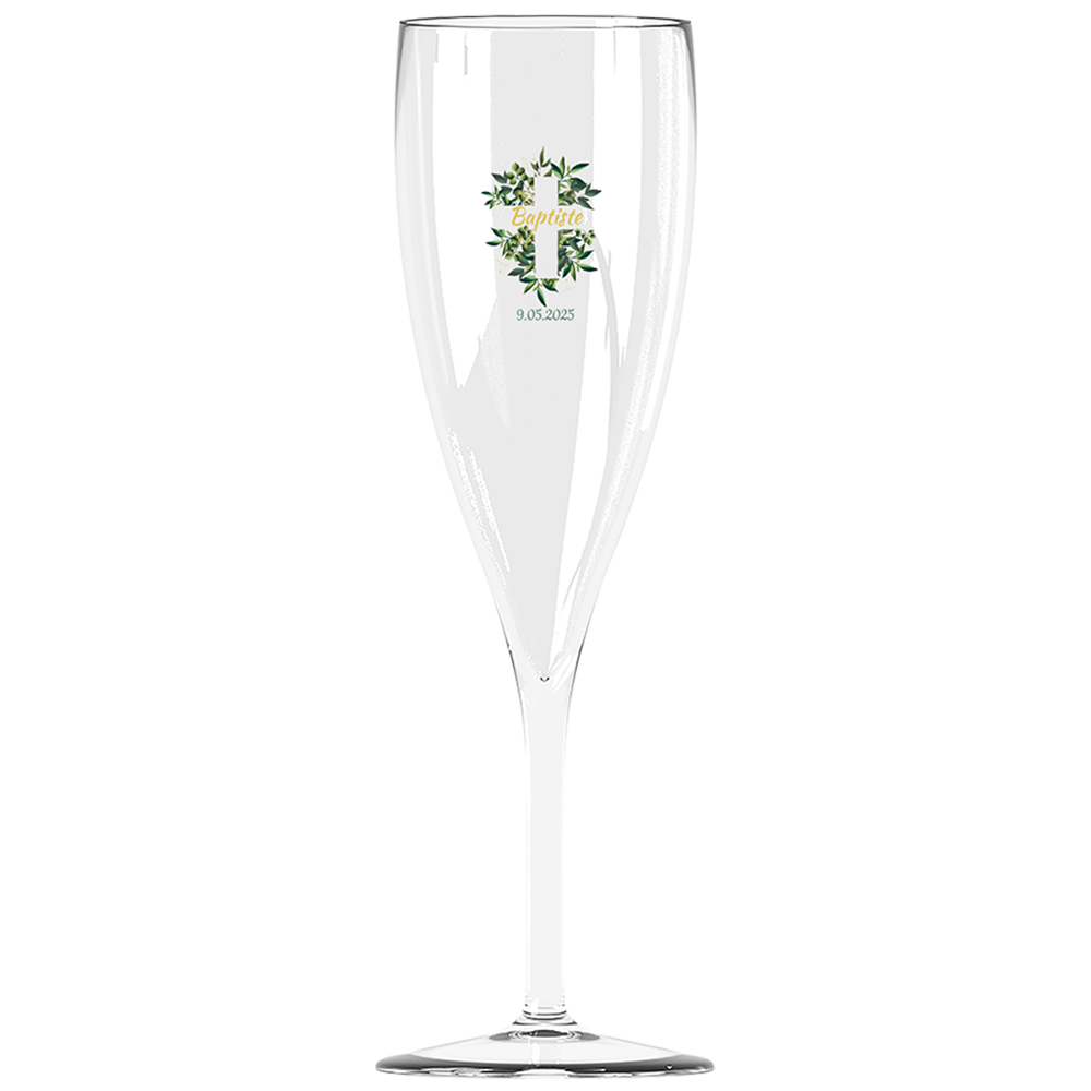 Flûte à champagne personnalisée Effervescence incassable baptême croix et feuilles
