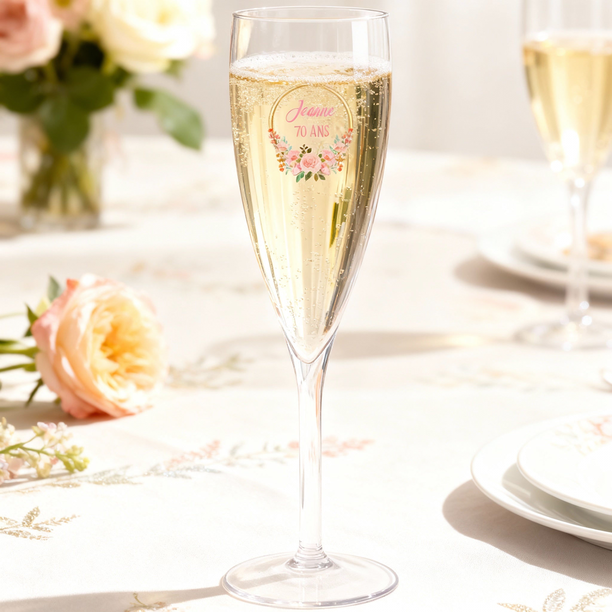 Flûte à champagne personnalisée Anniversaire Couronne Fleurs