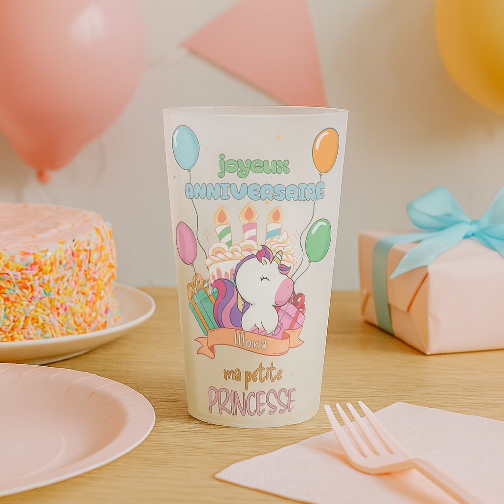 Gobelet personnalisé Anniversaire Licorne Princesse ambiance
