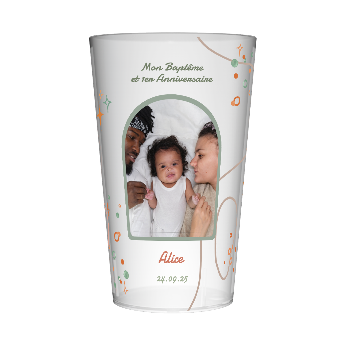 Gobelet personnalisé Baptême Etoiles Orange