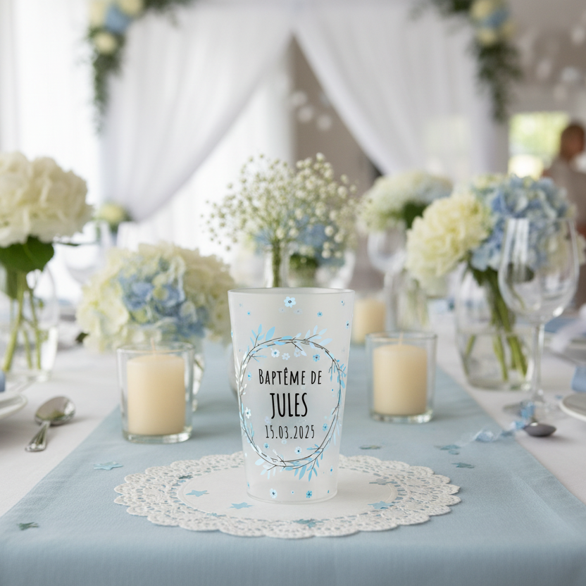 gobelet personnalise bapteme fleurs bleues