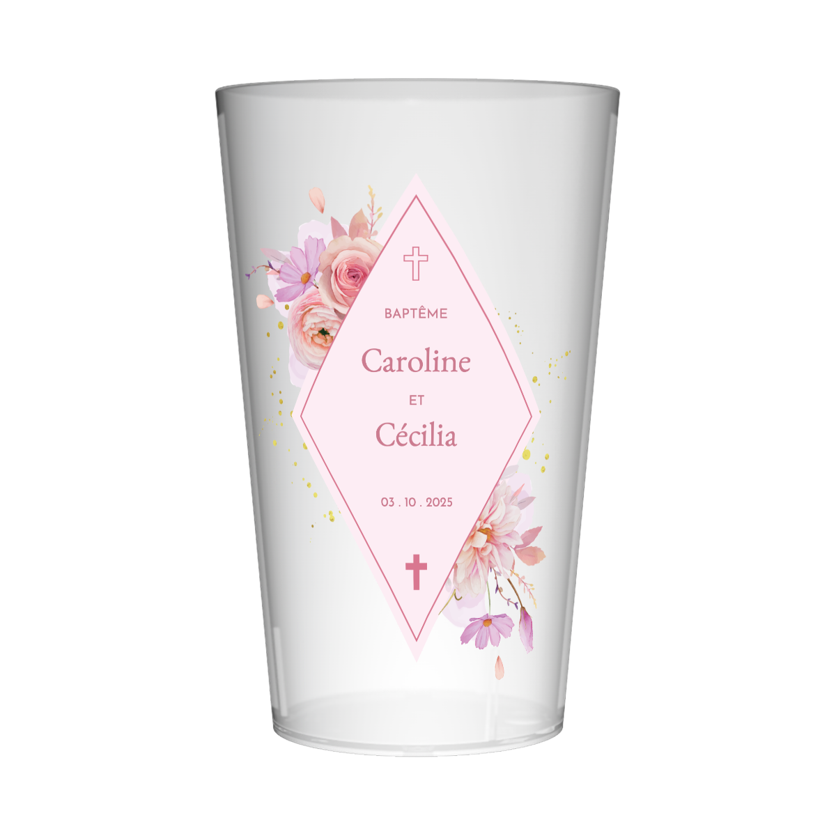 Gobelet personnalisé Baptême Losange Rose
