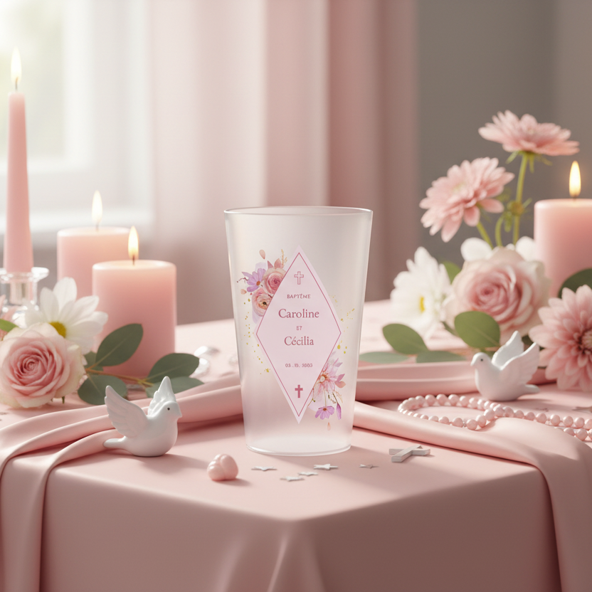 gobelet personnalise bapteme losange rose