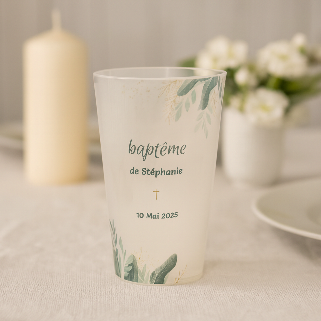 Gobelet personnalisé Baptême Aquarelle & Fleurs ambiance