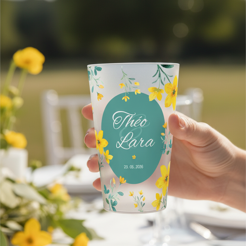 gobelet personnalise mariage fleur jaune ambiance