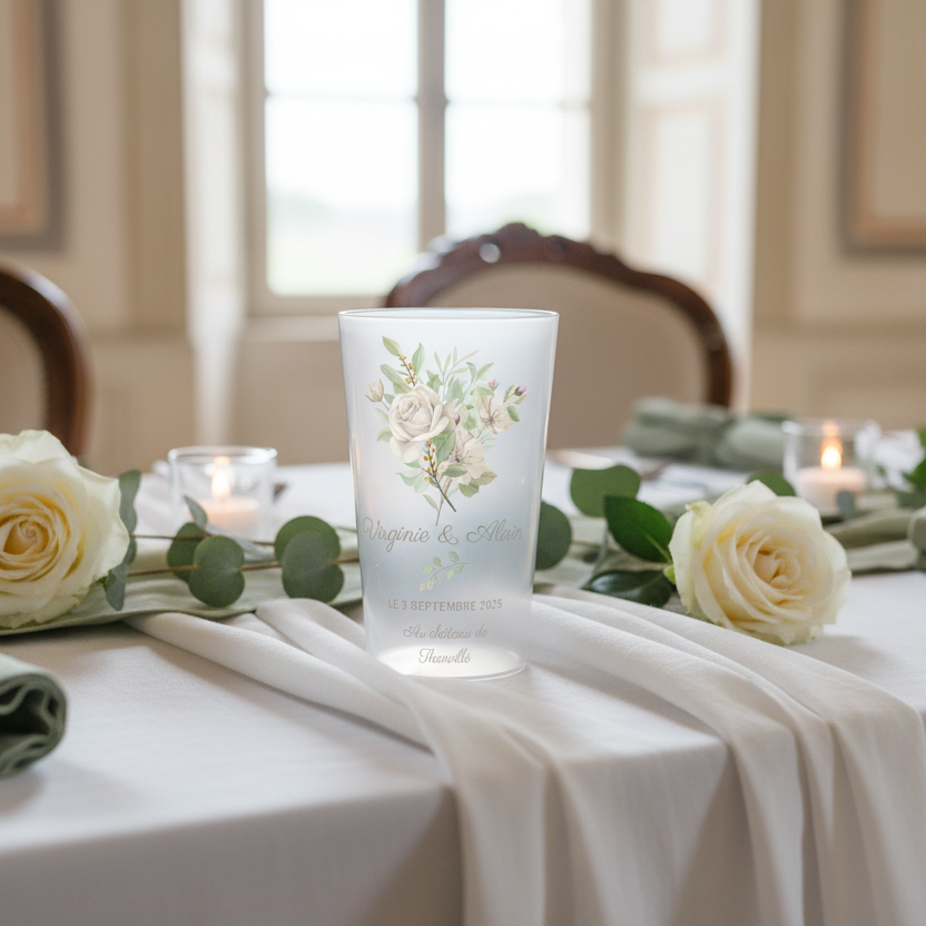 gobelet personnalise mariage fleurs blanches ambiance