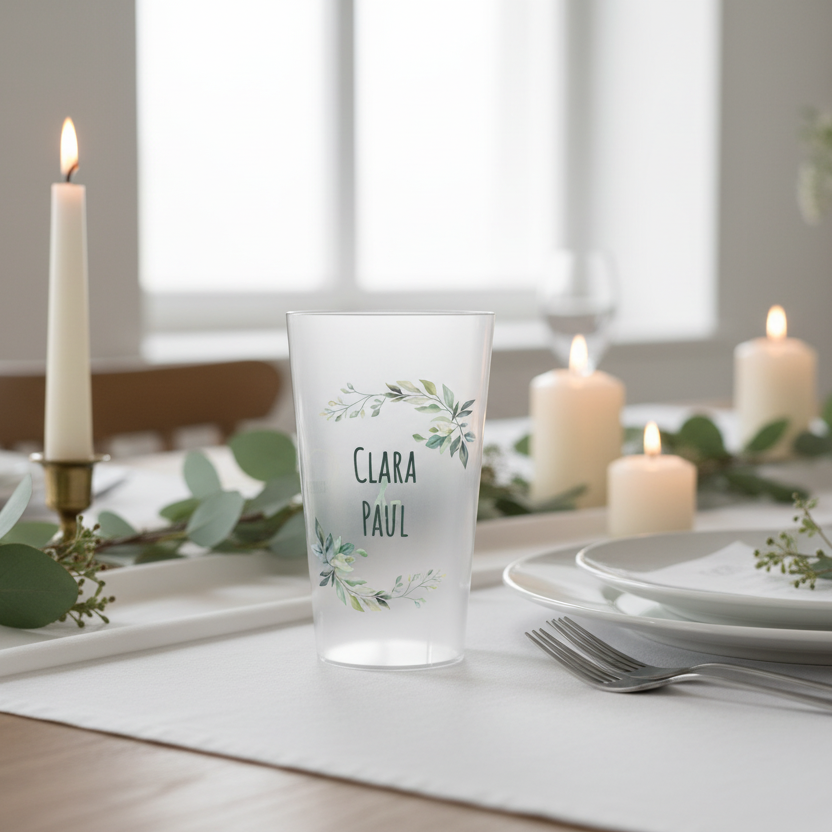 gobelet personnalise mariage couronnes de fleurs vertes ambiance