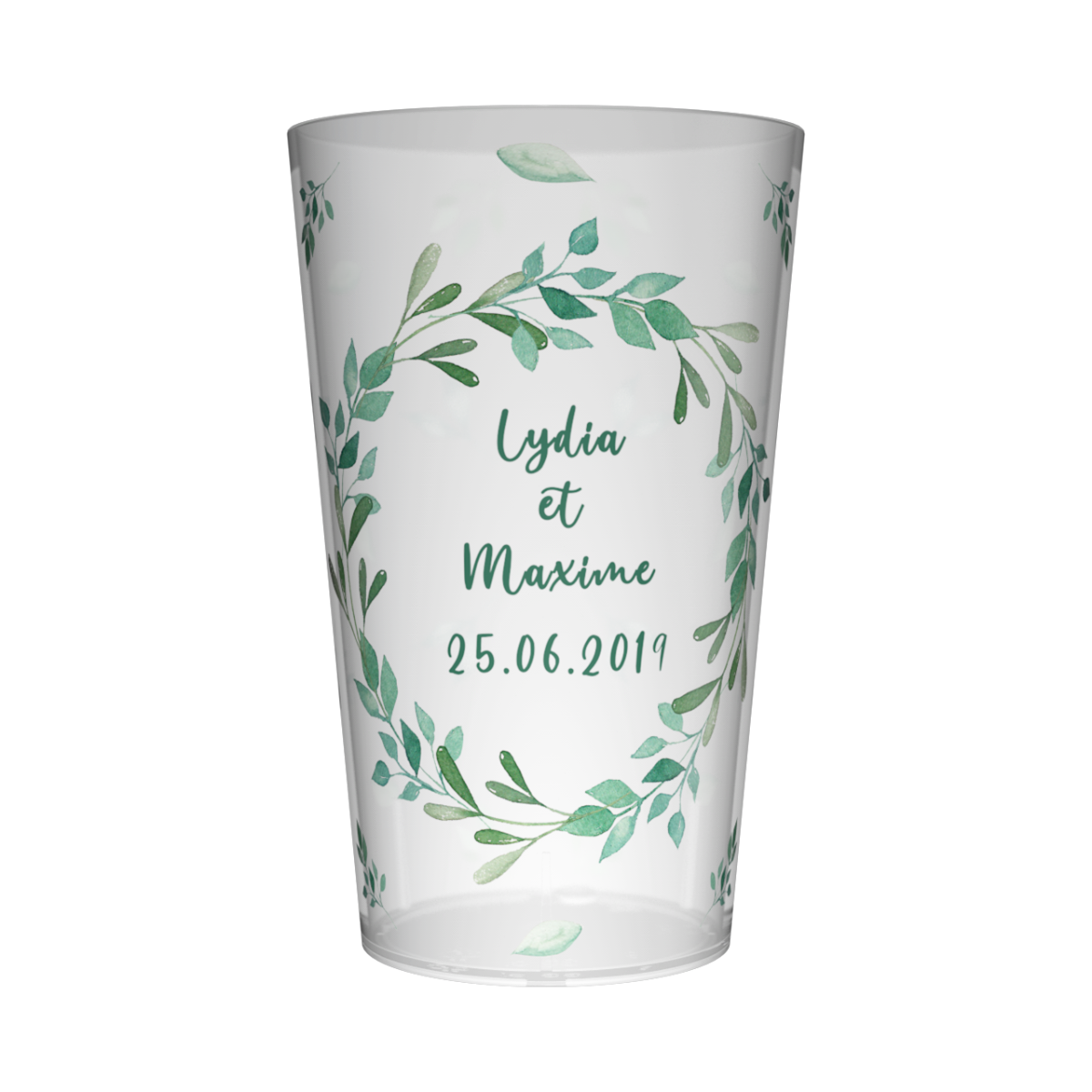 Gobelet Mariage composé de brindilles avec le prénoms des mariés et la date de leur union.