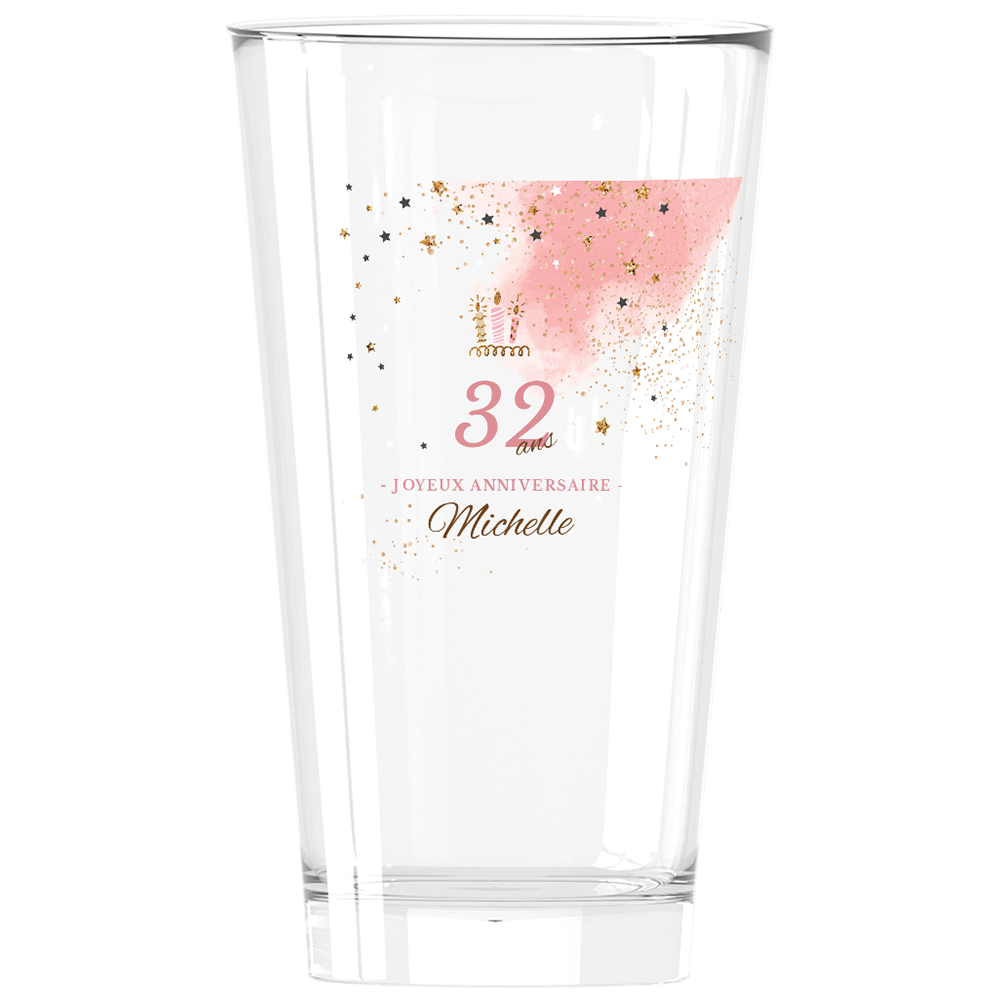 Verre à bière personnalisé Pinte en verre anniversaire rose et doré