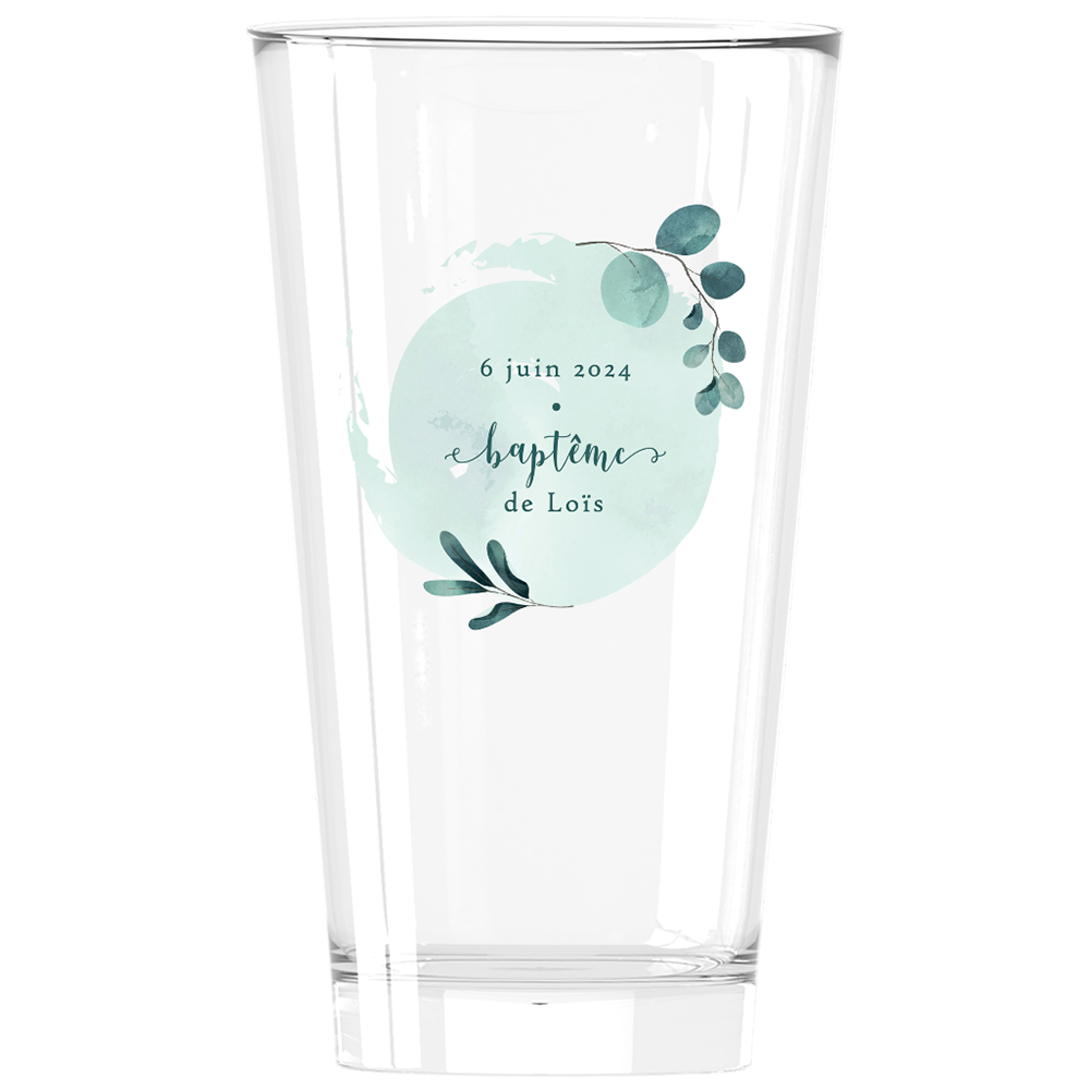 Verre à bière personnalisé Pinte en verre baptême bleu et feuilles