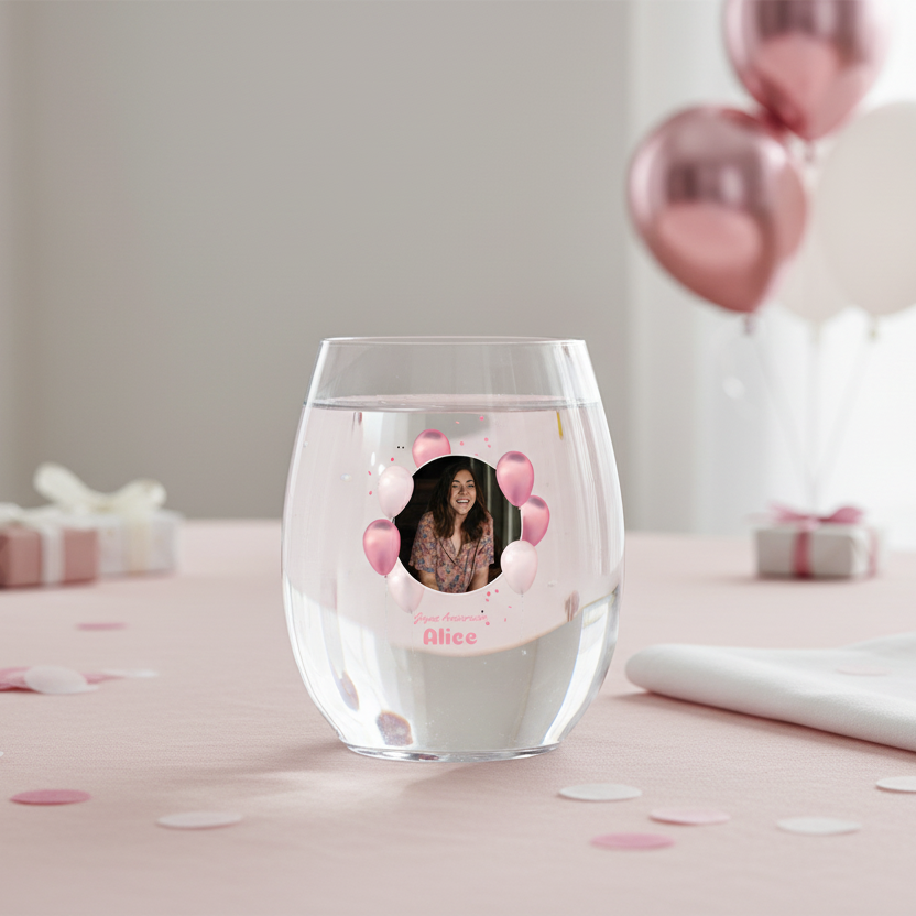 verre à eau personnalise incassable anniversaire ballons roses ambiance