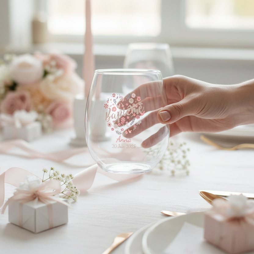 verre à eau personnalise incassable bapteme fleuri ambiance