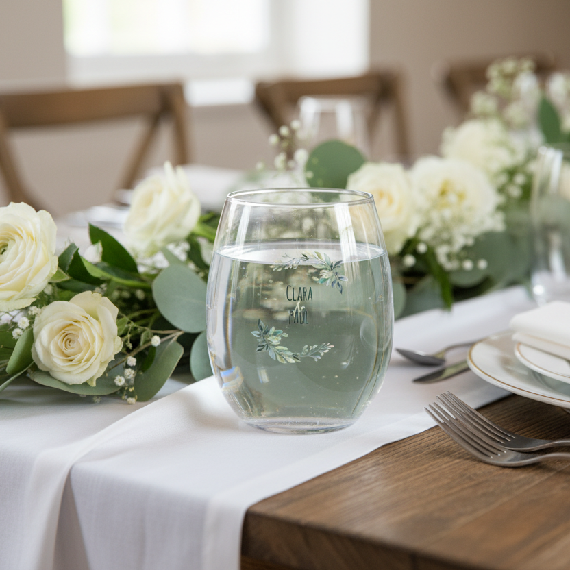 verre à eau personnalise mariage fleurs vertes ambiance