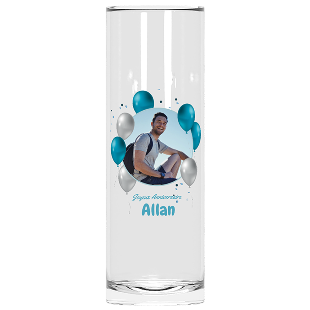 Verre à tube personnalisé Anniversaire Photo et Ballons Bleus