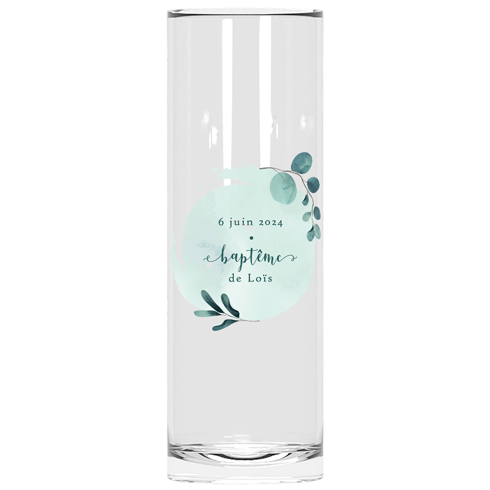 Verre à tube personnalisé baptême bleu et feuilles