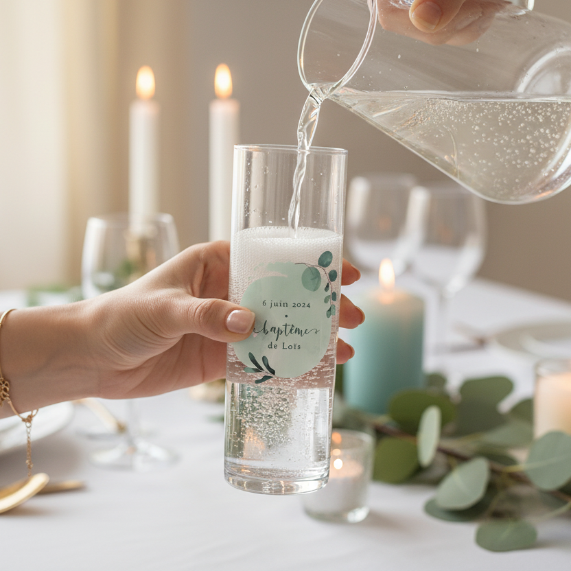 verre tube personnalise bapteme branches vertes ambiance