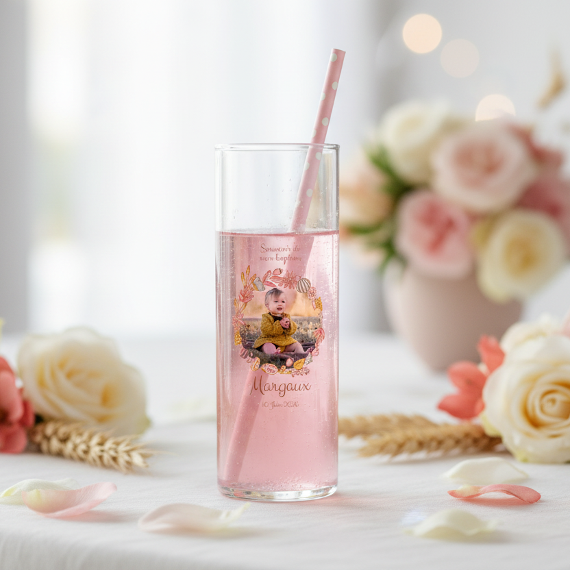 verre tube personnalise bapteme couronne rose ambiance