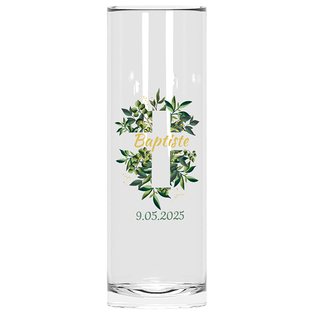 Verre à tube personnalisé Baptême Croix et Feuilles