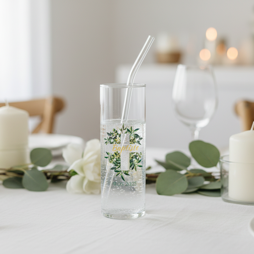 verre tube personnalise bapteme croix et feuilles ambiance