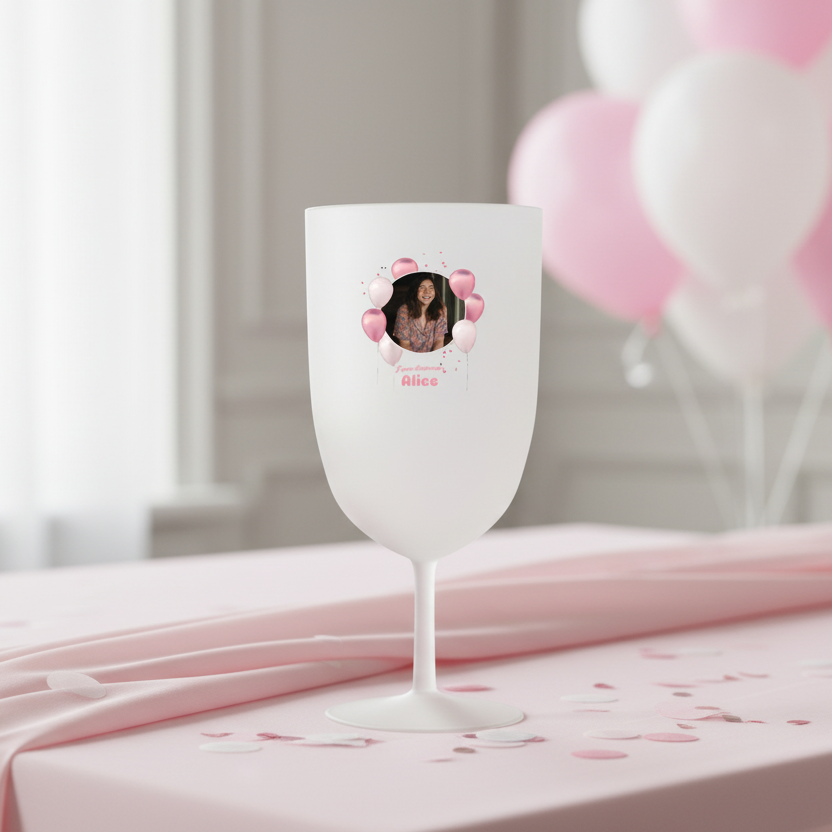 verre à vin personnalise plastique anniversaire ballons rose ambiance