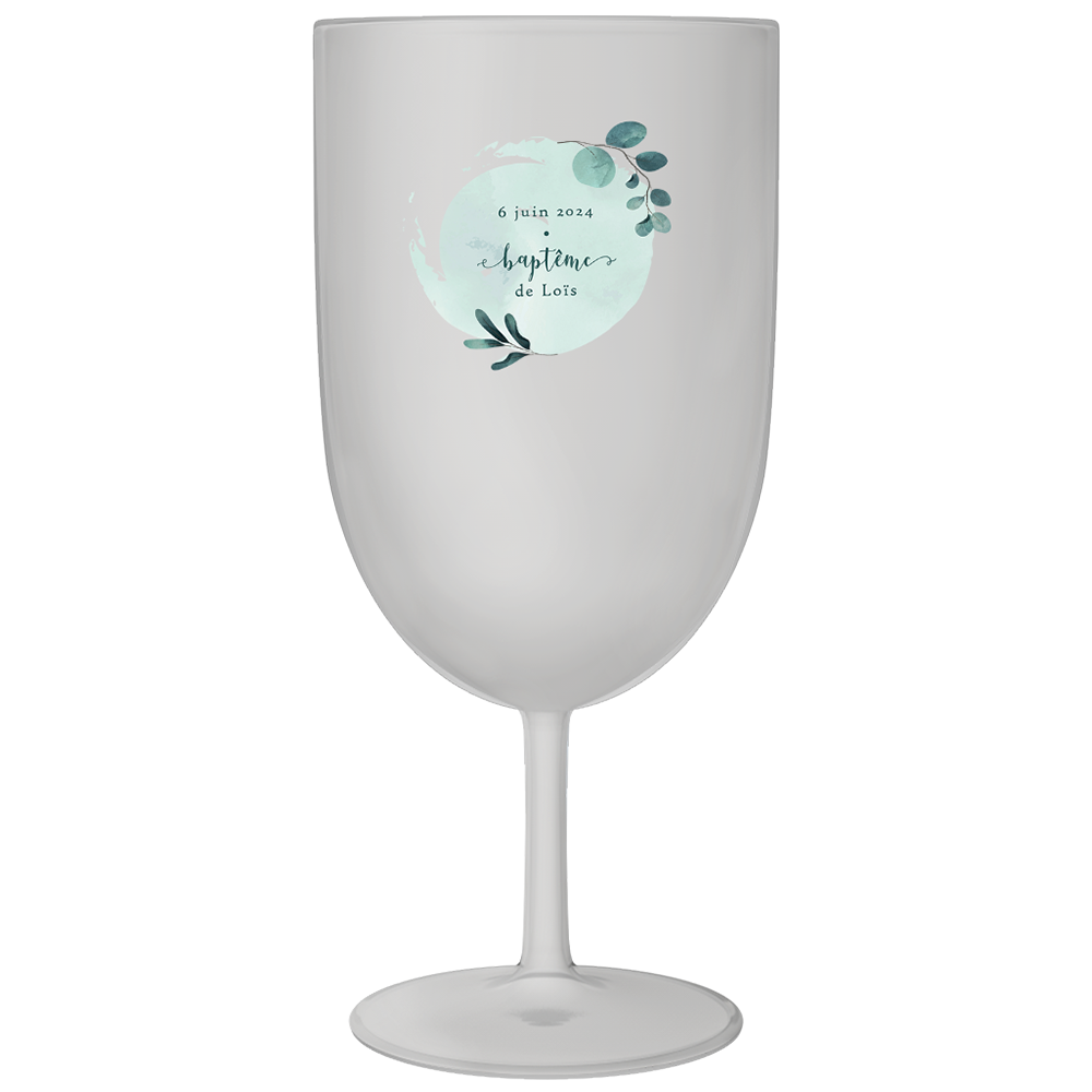 Verre à vin personnalisé en plastique baptême bleu et Feuilles