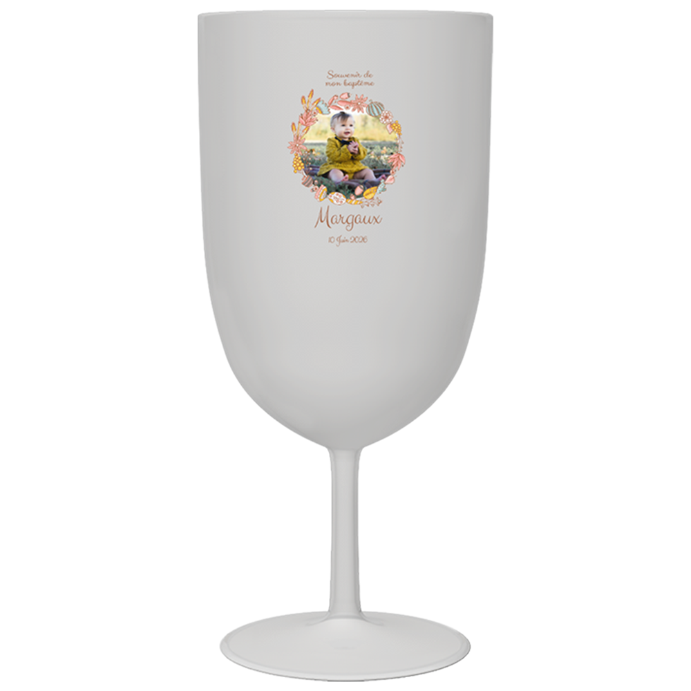 Verre à vin personnalisé en plastique Baptême Couronne Rose