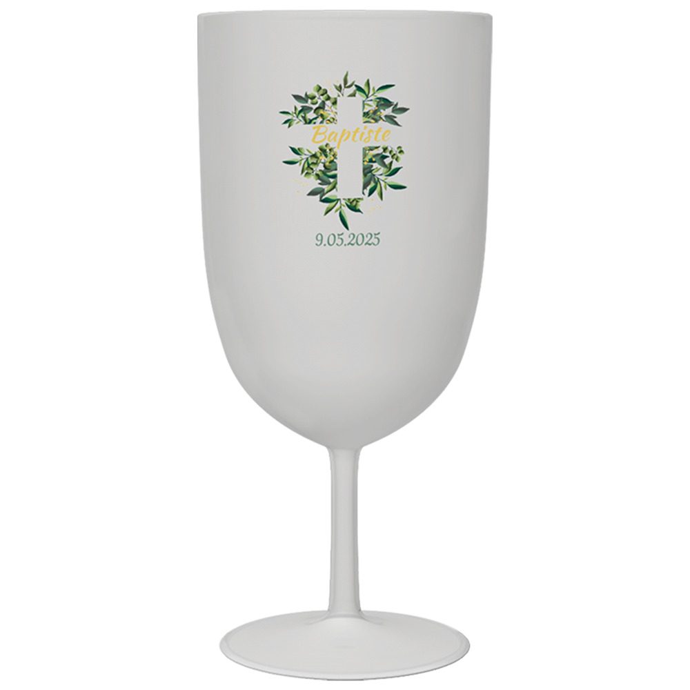 Verre à vin personnalisé en plastique Baptême Croix & Feuilles
