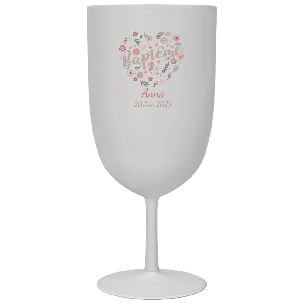 Verre à vin personnalisé en plastique Baptême Fleuri