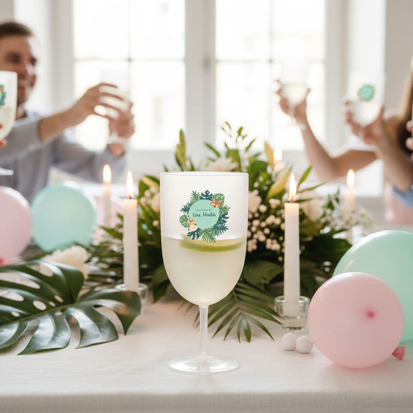 verre à vin personnalise plastique bapteme tropical ambiance