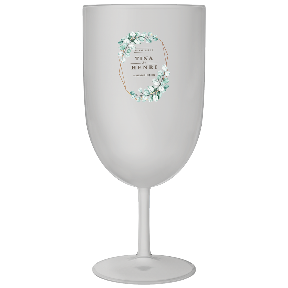 Verre à vin personnalisé en plastique mariage vert et doré