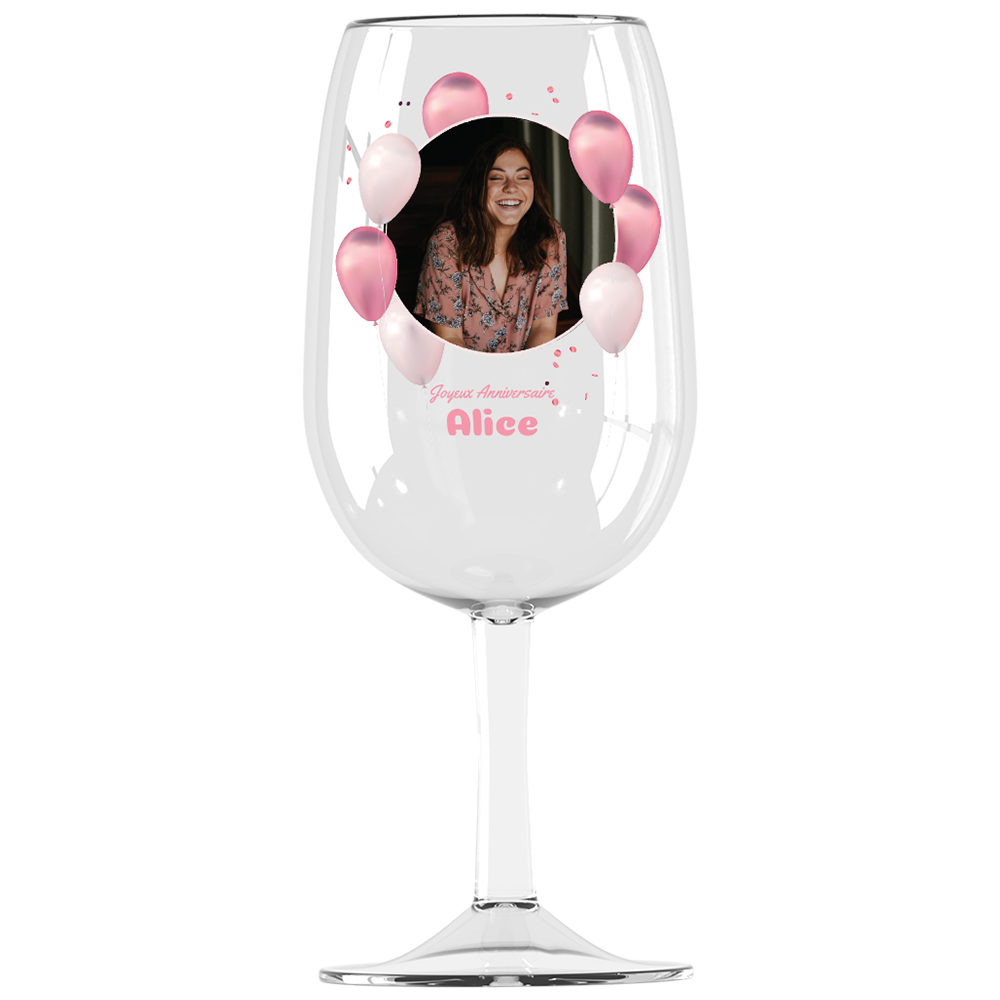 Verre à vin Syrah personnalisé incassable Anniversaire Photo & Ballons Roses