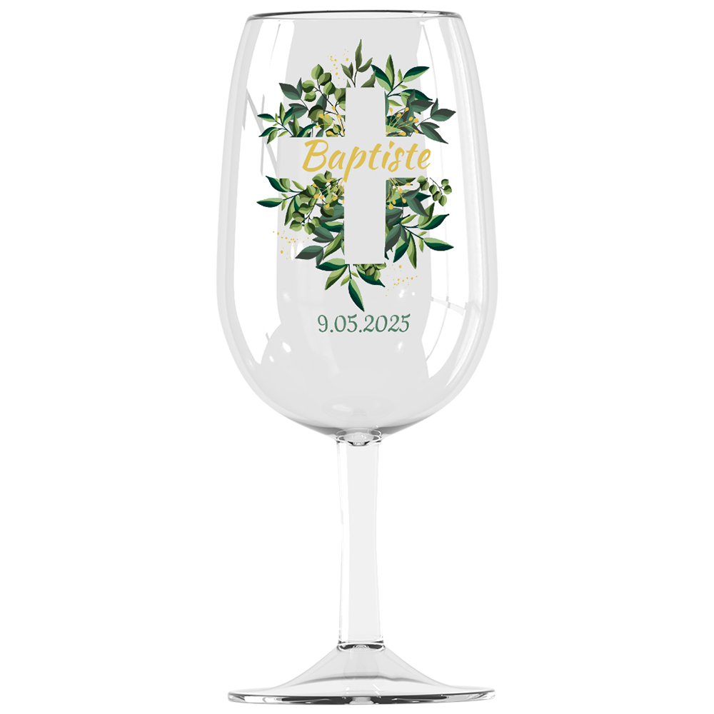 Verre à vin Syrah personnalisé incassable baptême Croix & Feuilles