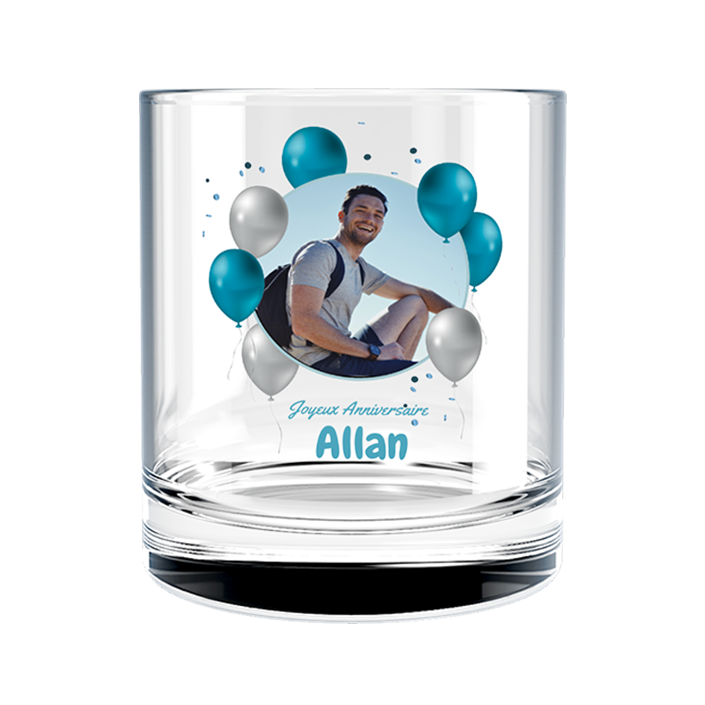 Verre à whisky personnalisé en verre anniversaire photo et ballons bleus