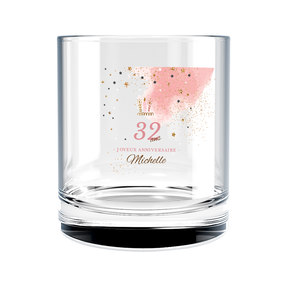 Verre à whisky personnalisé en verre anniversaire rose et doré