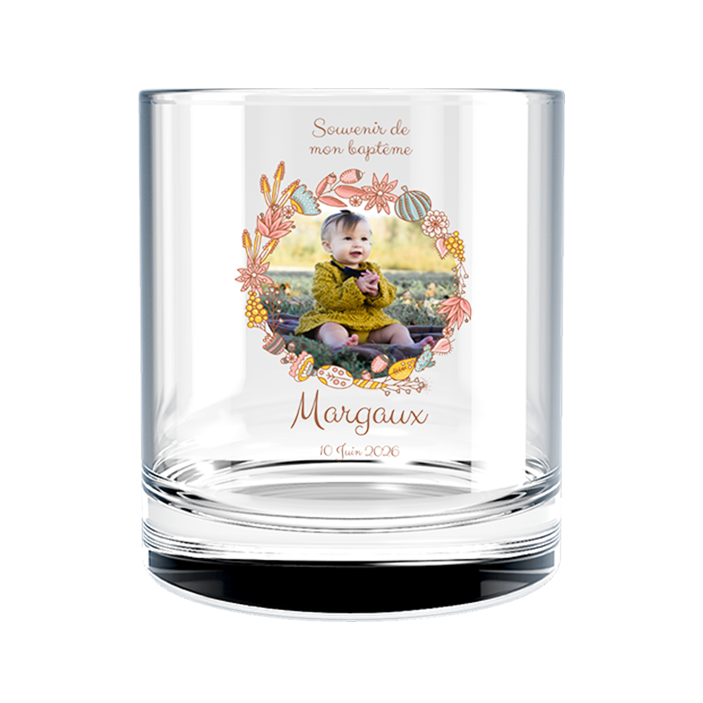 Verre à whisky personnalisé en verre baptême couronne rose