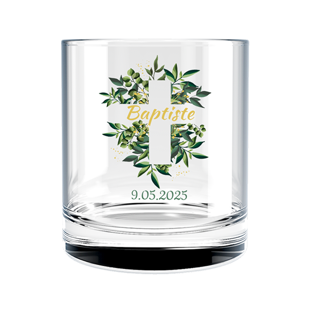 Verre à whisky personnalisé en verre baptême croix et feuilles