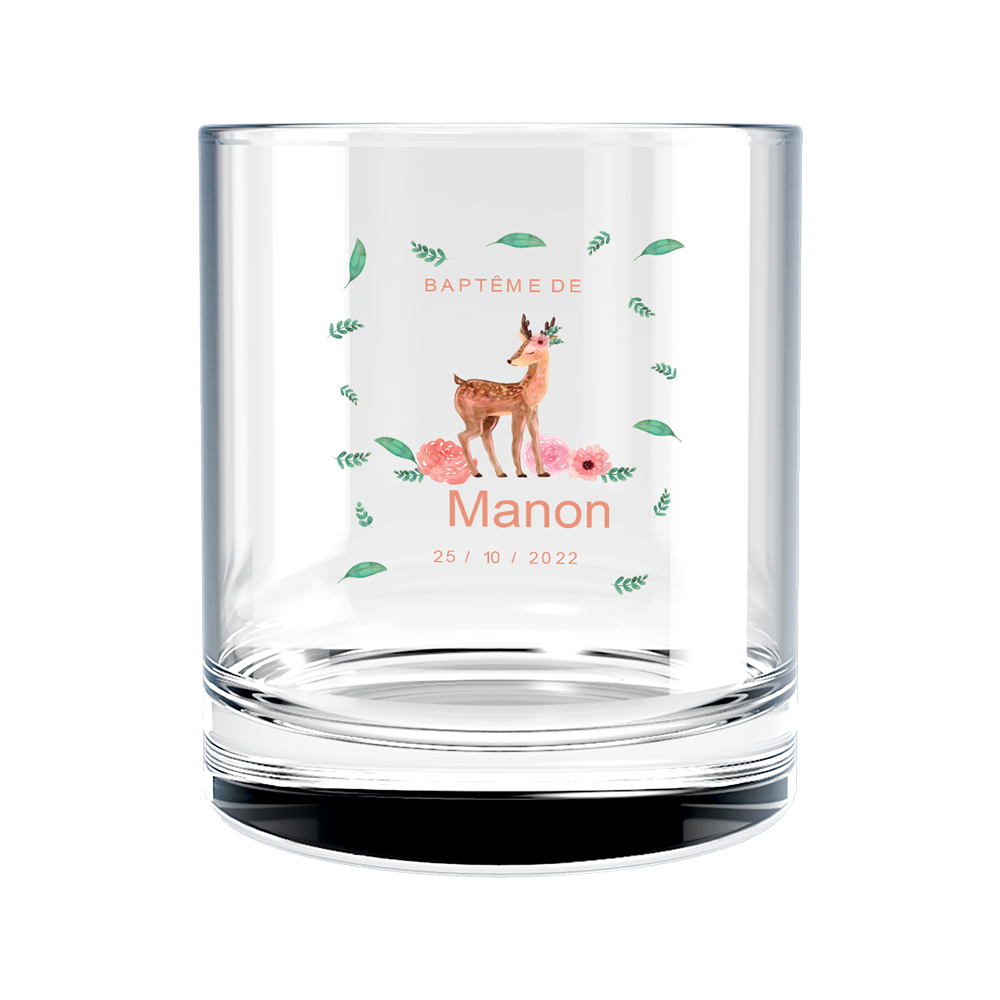 Verre à whisky personnalisé en verre baptême faon