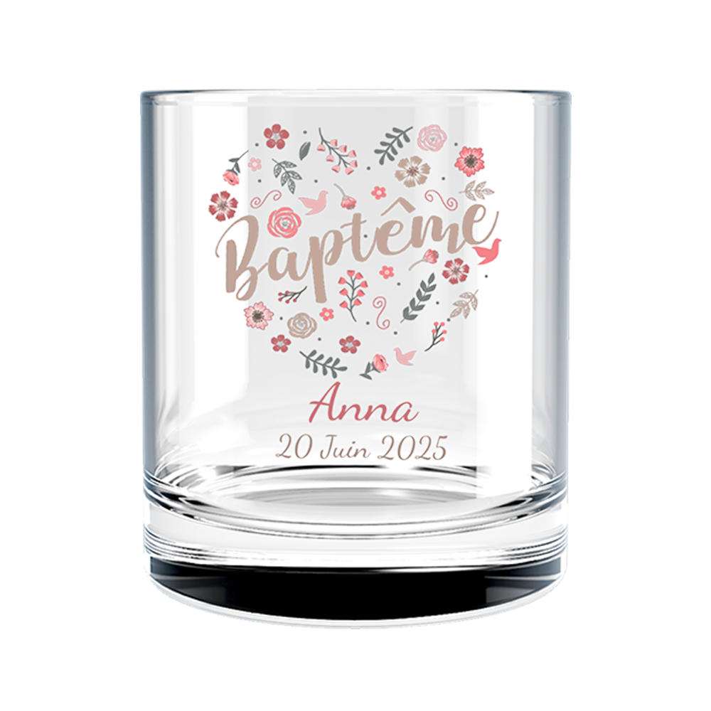 Verre à whisky personnalisé en verre baptême fleuri