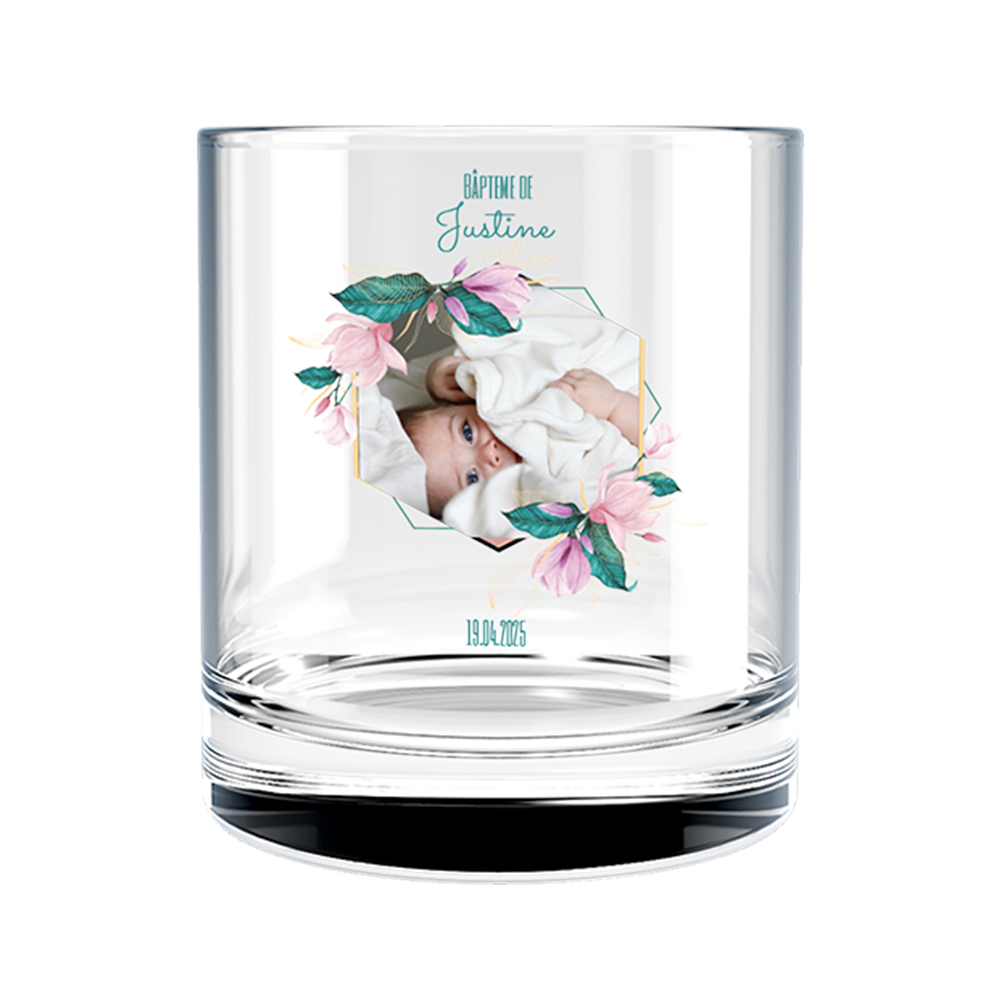 Verre à whisky personnalisé en verre baptême rose et bleu
