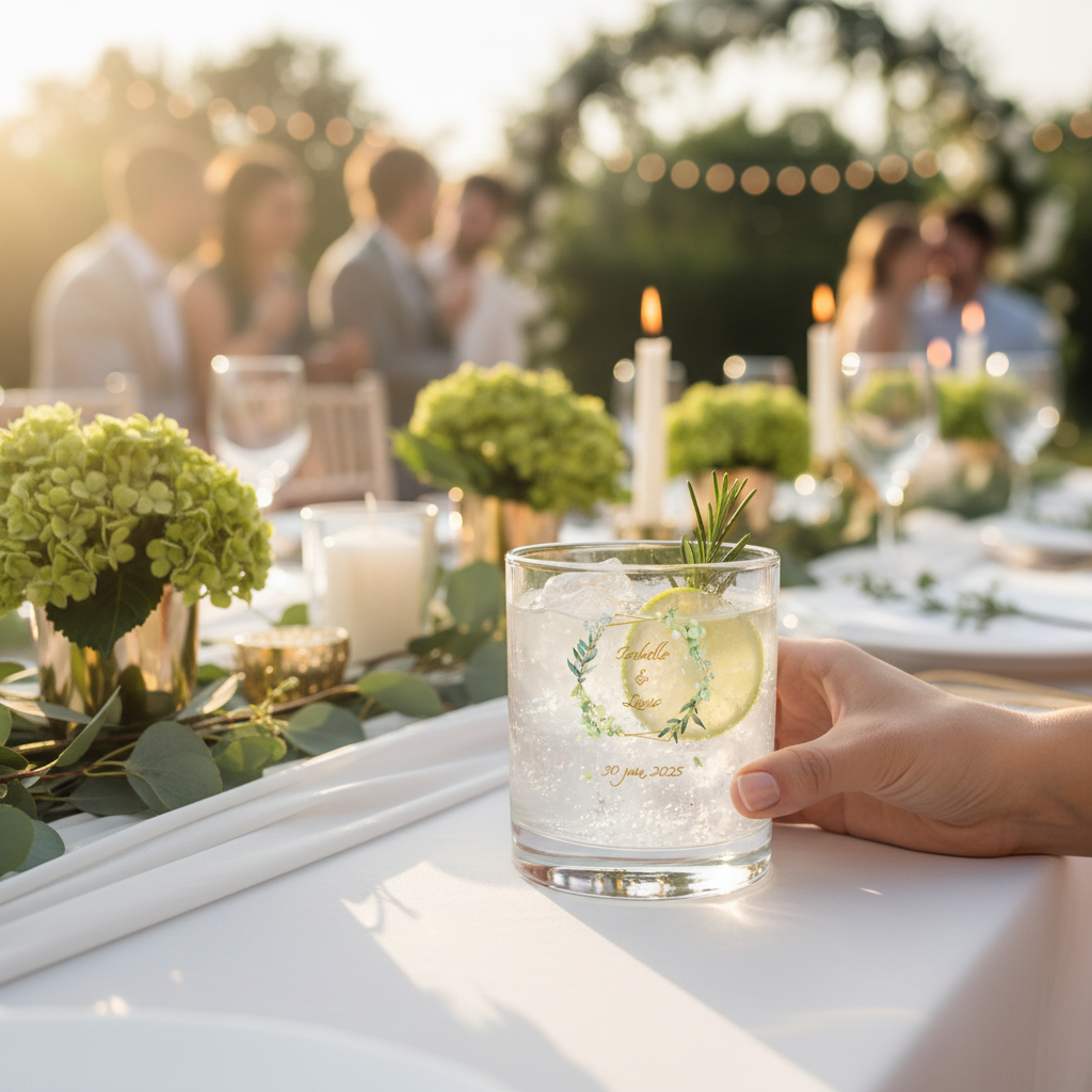 verreà whisky personnalise mariage encadrement vert ambiance