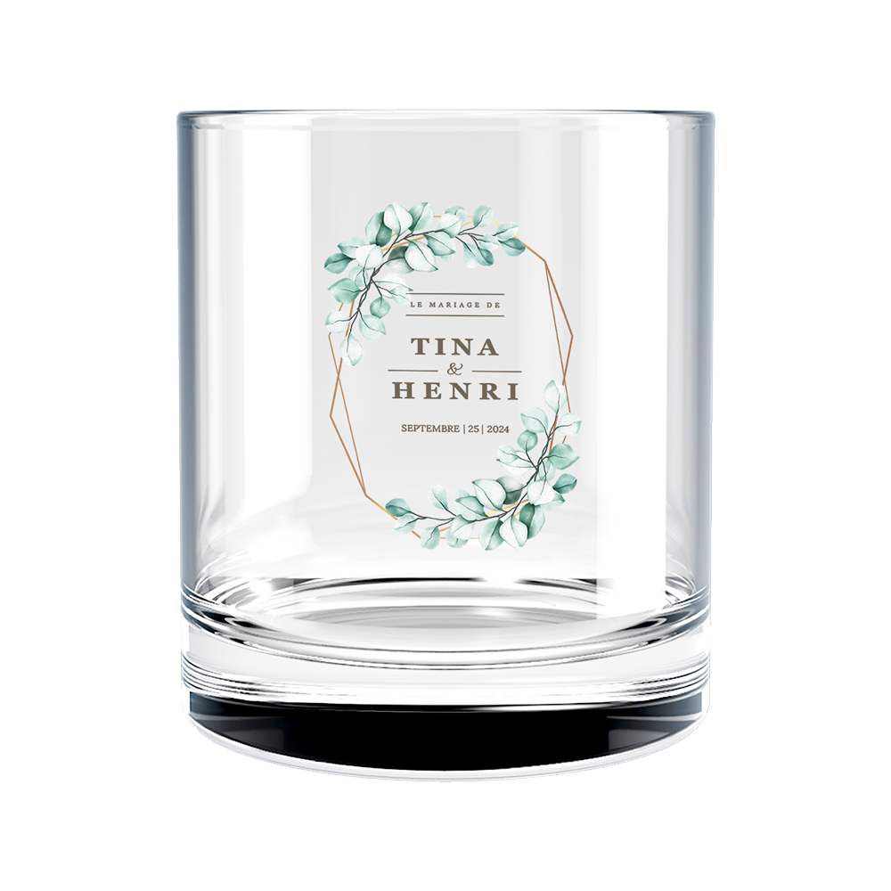 Verre à whisky personnalisé en verre mariage vert et doré