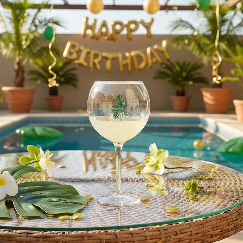 verre piscine personnalise ambiance anniversaire tropique