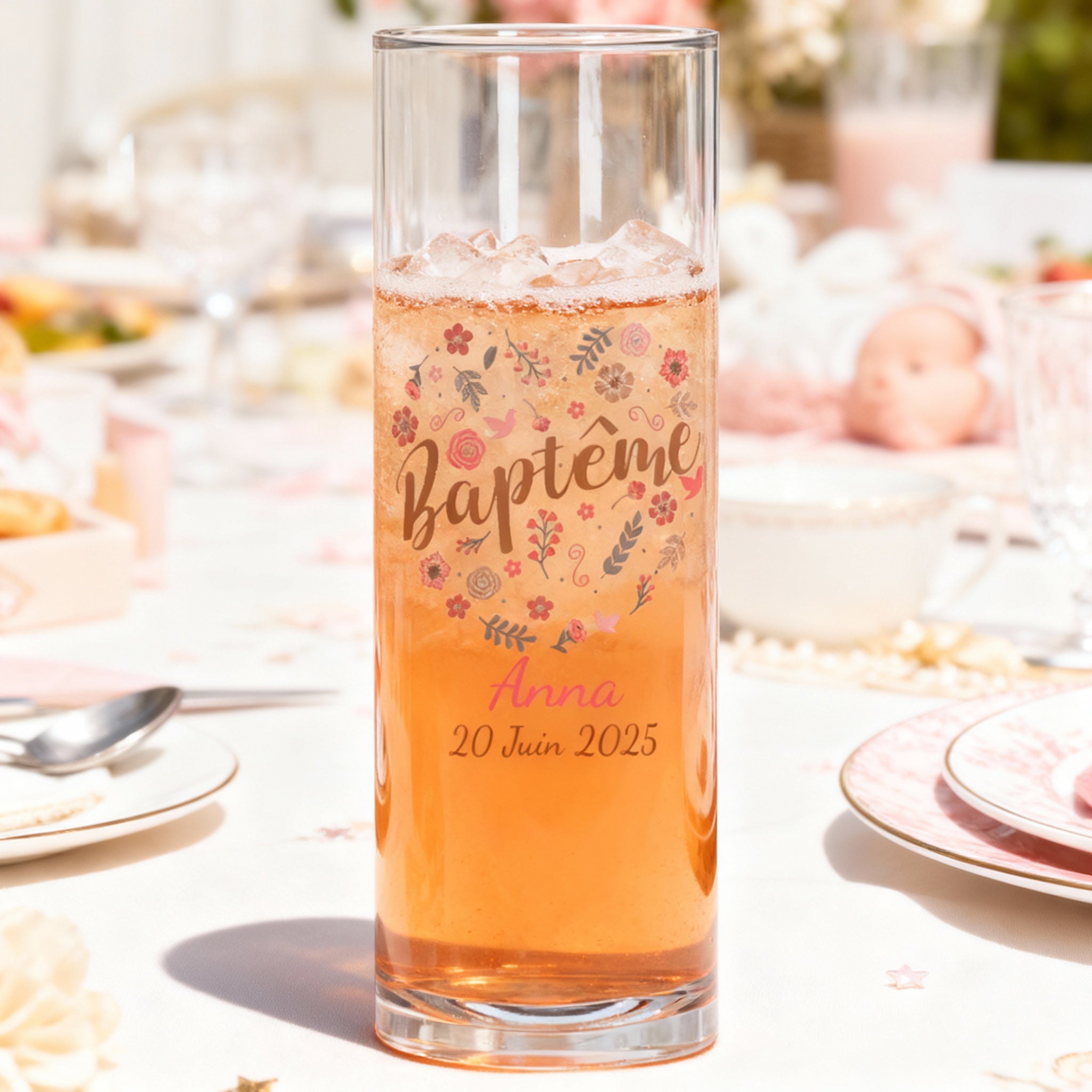 Verre à tube personnalisé Baptême Fleuri