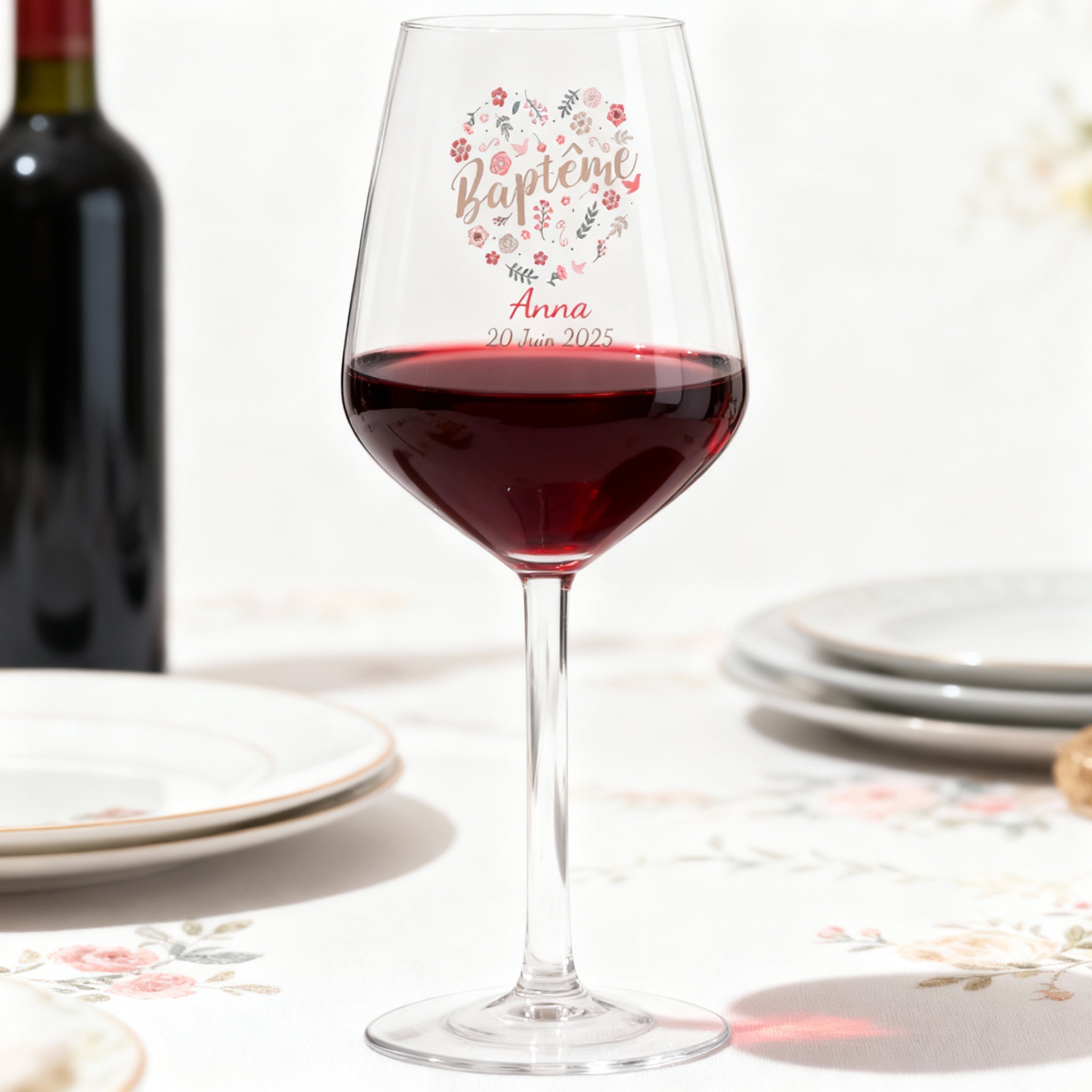 Verre à vin en verre Baptême Fleuri