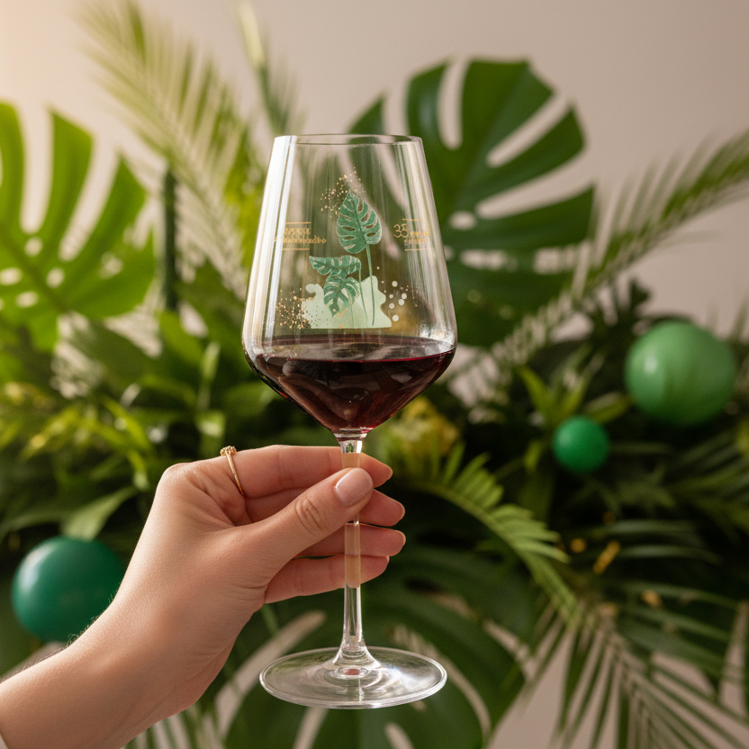 verre à vin personnalise anniversaire monstera ambiance