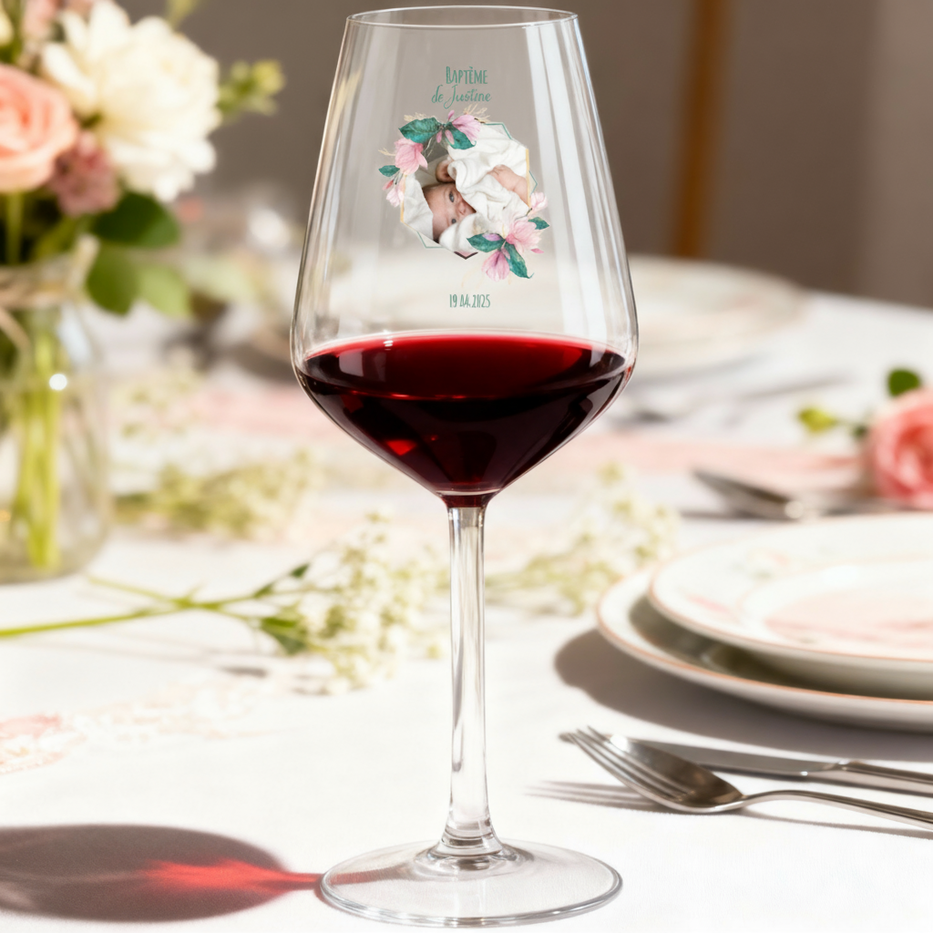 Verre à vin en verre personnalisé Baptême Rose & Bleu