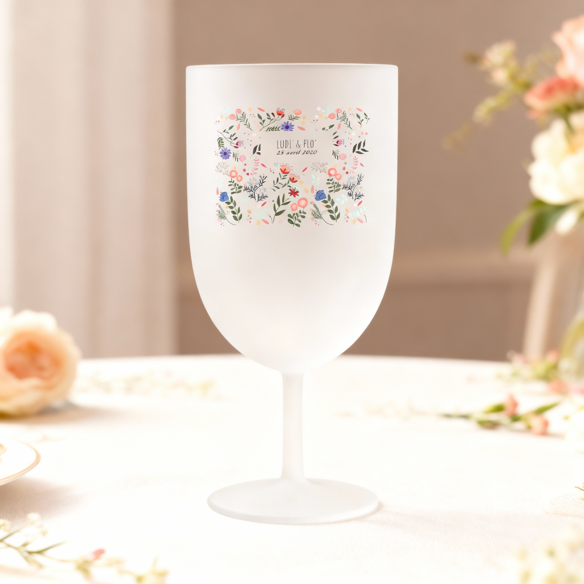 Verre à vin personnalisé en plastique - Mariage Printemps ambiance
